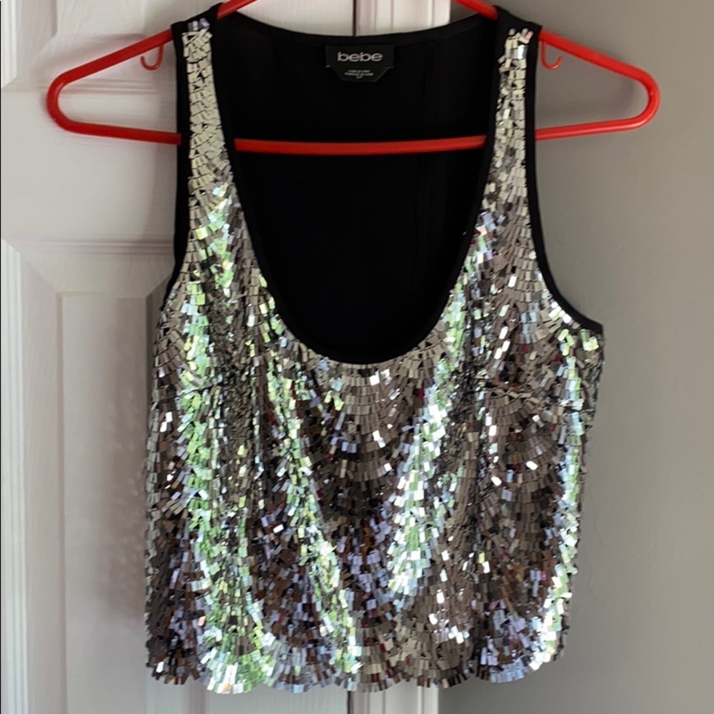 Bebe sequins party tank top with black back